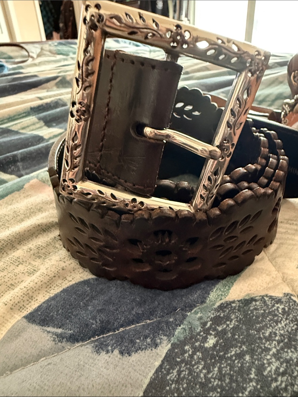 Brighton Brown Leather Floral Tooled Belt with Silver Buckle